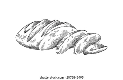 Loaf of wheat bread with slices, monochrome hand drawn engraving vector illustration isolated on white background. Bread item for bakery and flour packagings.