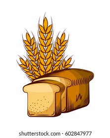 loaf and wheat ears over white background. bakery products concept. colorful design. vector illustration