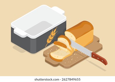 Loaf of white bread sliced with a bread knife. Breadbox, cutting board. 3d flat isometric vector illustration. 