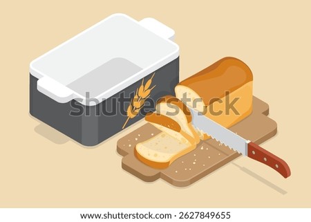 Loaf of white bread sliced with a bread knife. Breadbox, cutting board. 3d flat isometric vector illustration. 
