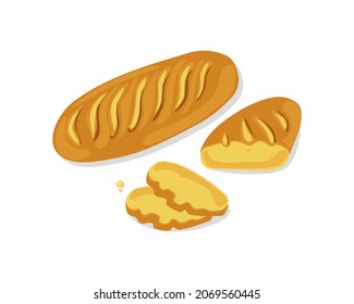 Loaf of white bread, sliced slices set. Fresh bread. Vector cartoon illustration of food white isolated background.