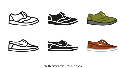 Loafer shoes icon. Casual boots vector illustration. Leather men's footwear symbol. Low shoes man clothing. Classic summer foot accessory. Loafer shoe pictogram in two shapes and colors isolated.