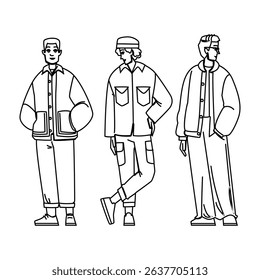 loafers man spring fashion vector. sneakers polos, oxfords khakis, windbreaker henley loafers man spring fashion character. people black line pencil drawing illustration