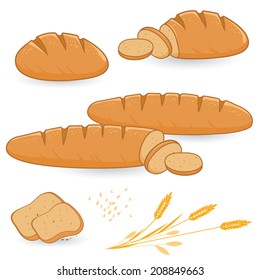 Loafs of baguette and sliced bread. Bakery sliced bread loaf on white background. Vector Illustration