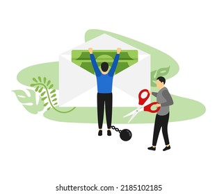 Loan addiction, credit jungle illustration. Payment of debt or tax with characters vector design. Freedom from paying off money loan and debt concept