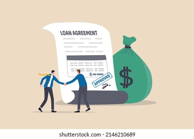 Loan agreement borrow money from bank, mortgage, debt or obligation to pay back interest rate, personal loan or financial support concept, businessman shaking hand with loan agreement and money bag.