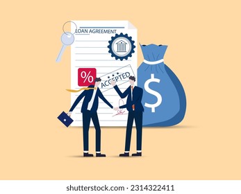 Loan agreement borrow money from bank, mortgage, debt or obligation to pay back interest rate, personal loan or financial support concept, businessman shaking hand with loan agreement. Vector.