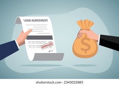 Loan agreement borrow money from bank, mortgage, debt or obligation to pay back interest rate, personal loan or financial support.