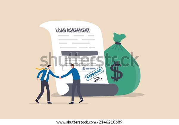 Loan agreement borrow money from bank, mortgage,\
debt or obligation to pay back interest rate, personal loan or\
financial support concept, businessman shaking hand with loan\
agreement and money bag.