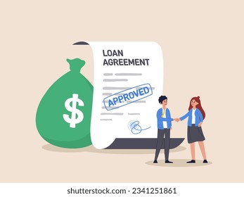 Loan agreement concept, mortgage, debt or obligation to pay back interest rate, borrow money from bank, personal loan or financial support, businessman shaking hand with loan agreement and money bag.