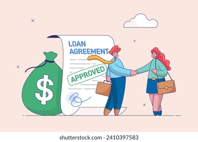 Loan agreement concept, mortgage, debt or obligation to pay back interest rate, borrow money from bank, personal loan or financial support, businessman shaking hand with loan agreement and money bag.