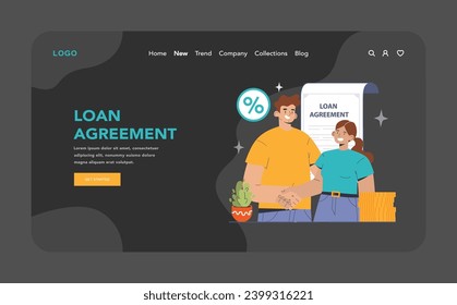 Loan Agreement concept. Two individuals shaking hands in agreement with a document and coin stack, highlighting financial commitment. Flat vector illustration