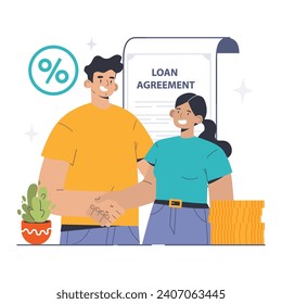 Loan Agreement concept. Two individuals shaking hands in agreement with a document and coin stack, highlighting financial commitment. Flat vector illustration