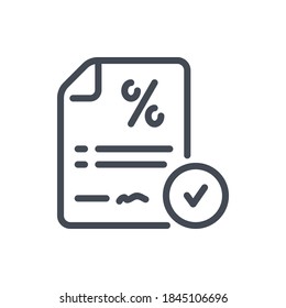 Loan agreement and Credit offer line icon. Financial document with percentage and check mark vector outline sign.