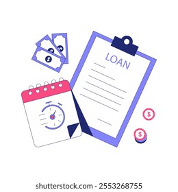 Documentos De Contrato De Empréstimo Com Dinheiro E Calendário Em Ilustração De Vetor Simples, Simbolizando O Planejamento Financeiro, O Gerenciamento De Dívidas E O Agendamento De Pagamentos, Isolados Sobre Fundo Branco