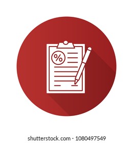 Loan agreement flat design long shadow glyph icon. Mortgage document. Paper sheet with percent. Vector silhouette illustration