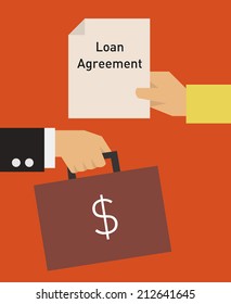 Loan agreement flat icon. Hand holding contract exchanging with another hand holding a briefcase with money