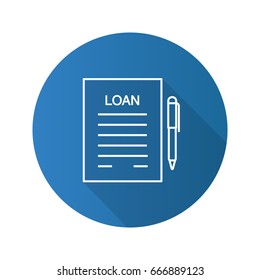 Loan agreement flat linear long shadow icon. Mortgage document with pen. Vector outline symbol