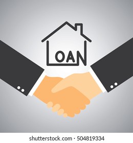 Loan agreement for house and real estate is deal. Two businessmen making handshake.
