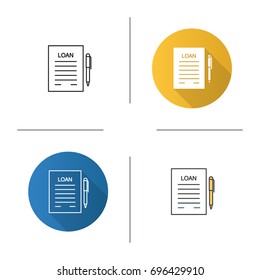 Loan agreement icon. Flat design, linear and color styles. Mortgage document with pen. Isolated vector illustrations