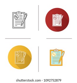 Loan agreement icon. Mortgage document. Paper sheet with percent. Flat design, linear and color styles. Isolated vector illustrations