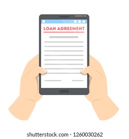 Loan agreement on the digital device. Online contract form. Reading document on mobile phone. Isolated flat vector illustration