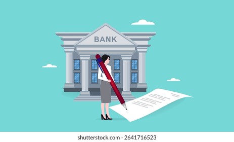 loan agreement, proof of debt payment obligations, legal money credit or borrowing document with signature, business woman signing signature on obligation banking document to make agreement