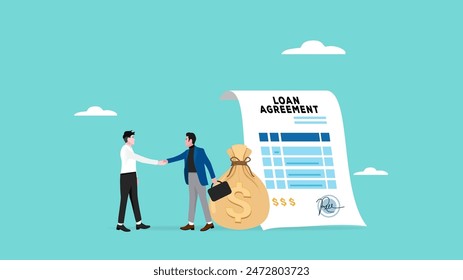 loan agreement, proof of loan document, two businessmen shaking hands making a loan agreement with a bag of dollars and a loan agreement document concept vector illustration