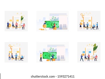 Loan agreement set. Tiny partners signing document, holding money. Flat vector illustrations. Business, finance, banking concept for banner, website design or landing web page