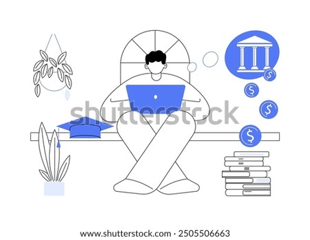 Loan application isolated cartoon vector illustrations. Thinking boy filling out student loan application, looking at screen of his computer, college education process vector cartoon.