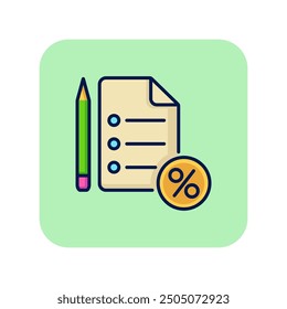 Loan application line icon. Checklist with pencil and round percent mark on green background. Loan concept. Vector illustration can be used for topics like banking, finance, credit agreements