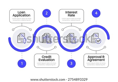 Loan application process infographic 4 steps. Financial workflow, accounting process, Business audit. Documentation organization. Tax compliance. Editable two color line icons diagram flow.