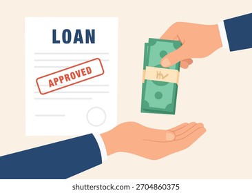 Dokument über die Darlehensgenehmigung und Barübergabe, symbolisch für die finanzielle Auszahlung und den Bankprozess