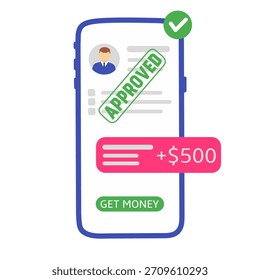 Aprobación de préstamos App móvil. Transferencia de dinero aprobada en Smartphone
