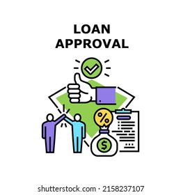 Concepto de icono del vector de aprobación del préstamo. Administración Bancaria De Aprobación De Préstamos Para Cliente, Firma De Contrato Financiero Y Seguros Y Pago De Dinero Con Porcentaje. Ilustración del color de la relación de retribución crediticia