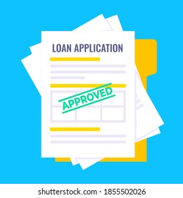 Loan approved credit loan form and document file   claim form it  paper sheets isolated blue background flat style vector illustration  Concept fill out online credit application form 