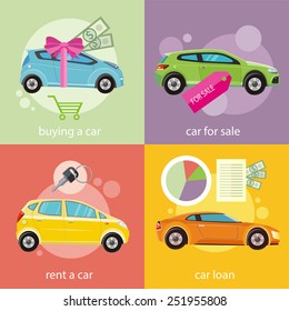 Loan approved document. Buying gift car and red ribbon with dollars money. Concept in flat design