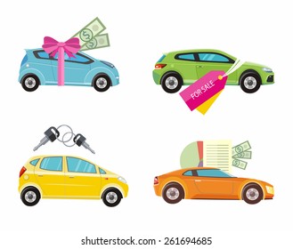 Loan approved document with dollars money. Buying and gift car with red ribbon. Auto sale and rent in flat design