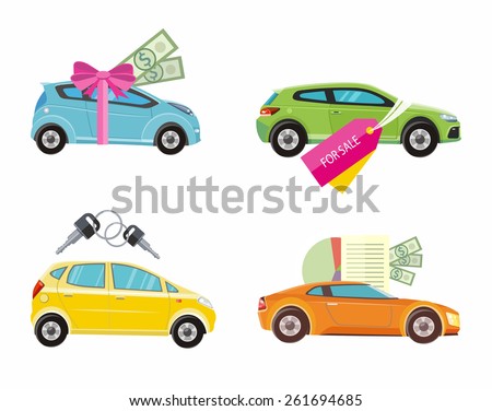 Loan approved document with dollars money. Buying and gift car with red ribbon. Auto sale and rent in flat design