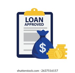 Loan Approved. Document and money bag with coins