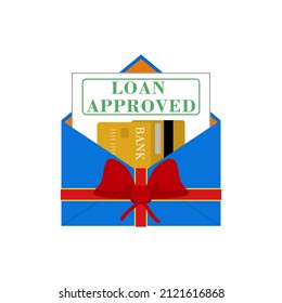 Loan Approved. Vector Illustration. Festive Mail Envelope With Plastic Gold Bank Credit Card And Letter Notification. 