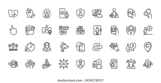 Loan, Biometric security and Global business line icons pack. AI, Question and Answer, Map pin icons. Employee hand, Security, Woman love web icon. Vector