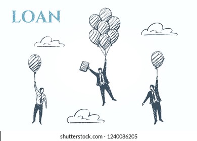Loan, business concept art sketch. A man clinging to balloons soars faster than competitors. Vector hand drawn illustration.