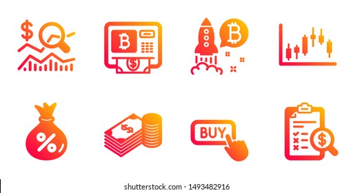Loan, Buy button and Bitcoin project line icons set. Candlestick graph, Savings and Check investment signs. Bitcoin atm, Accounting report symbols. Money bag, Online shopping. Finance set. Vector