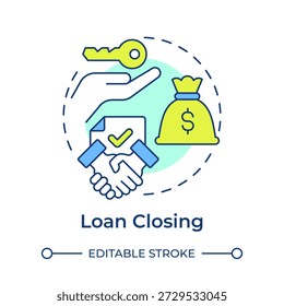Loan closing multi color concept icon. Business acquisition, financial agreement. Deal handshake. Round shape line illustration. Abstract idea. Graphic design. Easy to use in presentation, booklet