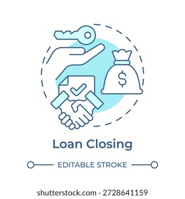Loan closing soft blue concept icon. Business acquisition, financial agreement. Deal handshake. Round shape line illustration. Abstract idea. Graphic design. Easy to use in presentation, booklet
