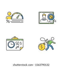 Loan color icons set. Personal creditworthiness report. Bunkrapcy risk. Credit score diagram. Paycheck, bill, tax sheet with price. Heavy credit card debt. Isolated vector illustrations