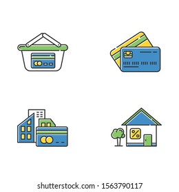 Loan color icons set. Retail, consumerism. Paying with credit card. Small business investment. Rent house. Borrow, loan money with percent rate. Supermarket basket. Isolated vector illustrations