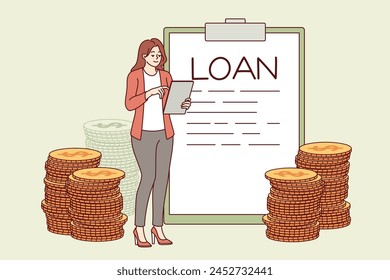 Loan contract in clipboard near woman taking credit for expenses or mortgage to buy real estate. Business girl lawyer checks loan documentation so as not to forget to make monthly payment.