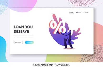 Loan Contract, Debt or Bank Offer, Sale Discount Landing Page Template. Male Character Walking with Huge Percent Symbol in Hands, Banking Credit, Man Finance and Savings. Cartoon Vector Illustration